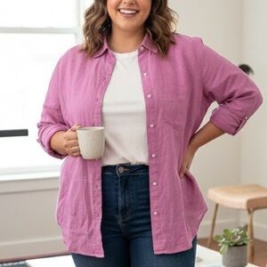 Gap 100% Linen Button Down Shirt Magenta Pink Long Sleeve Blouse Cottagecore